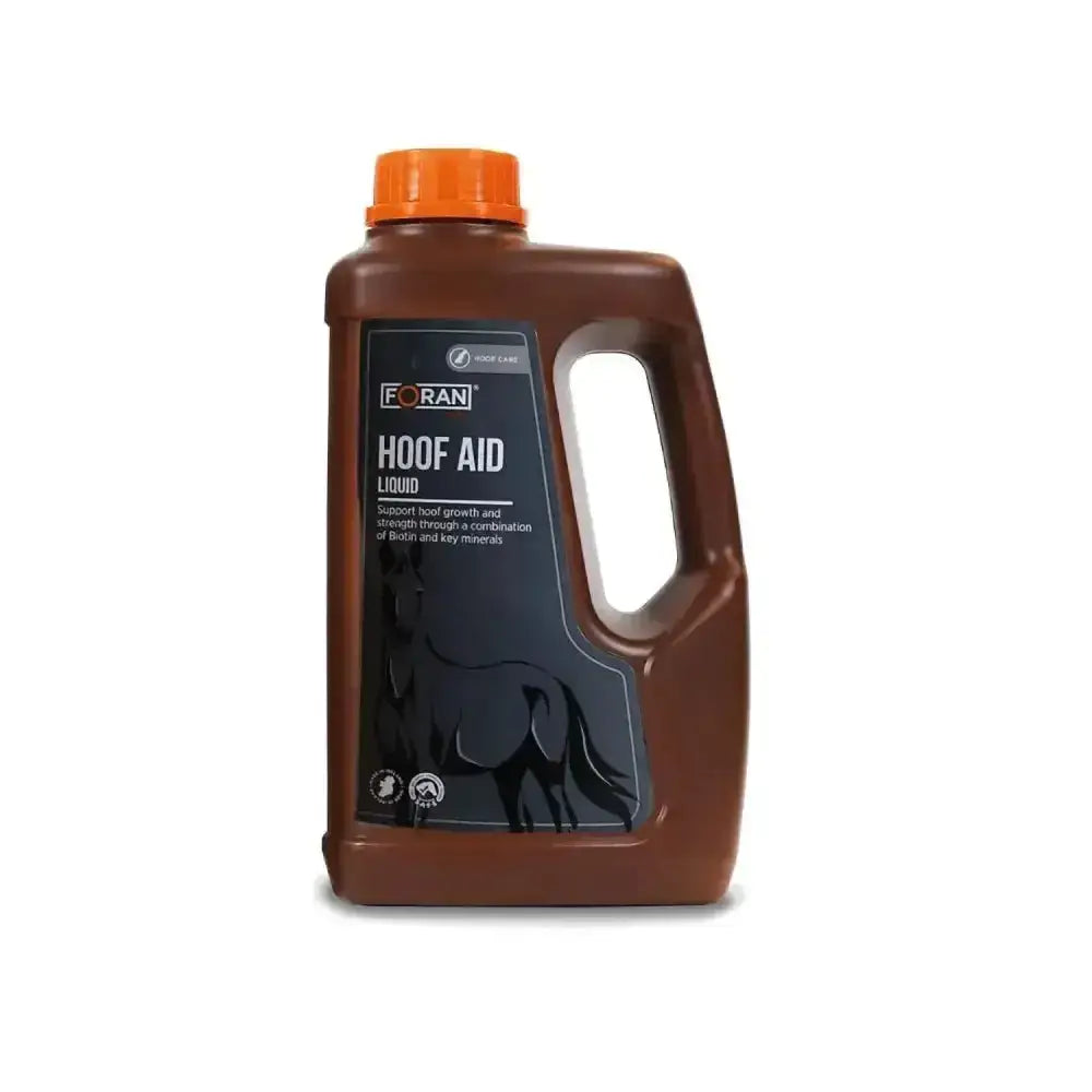 Brown plastic foran equine hoof aid liquid bottle with orange cap and black label showing horse silhouette for support hoof growth