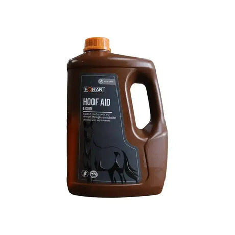 Brown plastic jug with orange cap and black label featuring horse silhouette foran equine hoof aid to support hoof growth