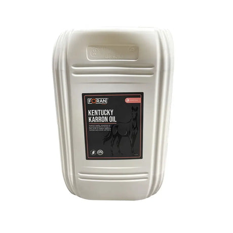 White plastic container of foran equine kentucky karron oil with black label featuring horse silhouette and red accents