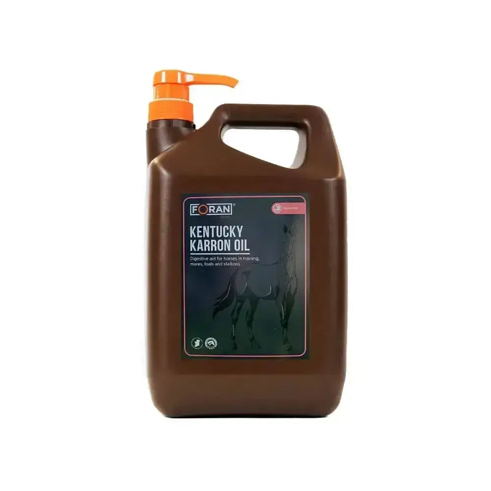 Brown plastic jug with orange pump labeled foran equine kentucky karron oil ireland for horses grooming use