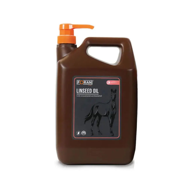 Brown plastic jug with orange pump of foran equine linseed oil natural digestive aid cold pressed for digestive health