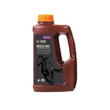 Brown plastic bottle with orange cap and black horse label for foran equine muscle max to maximise muscle function