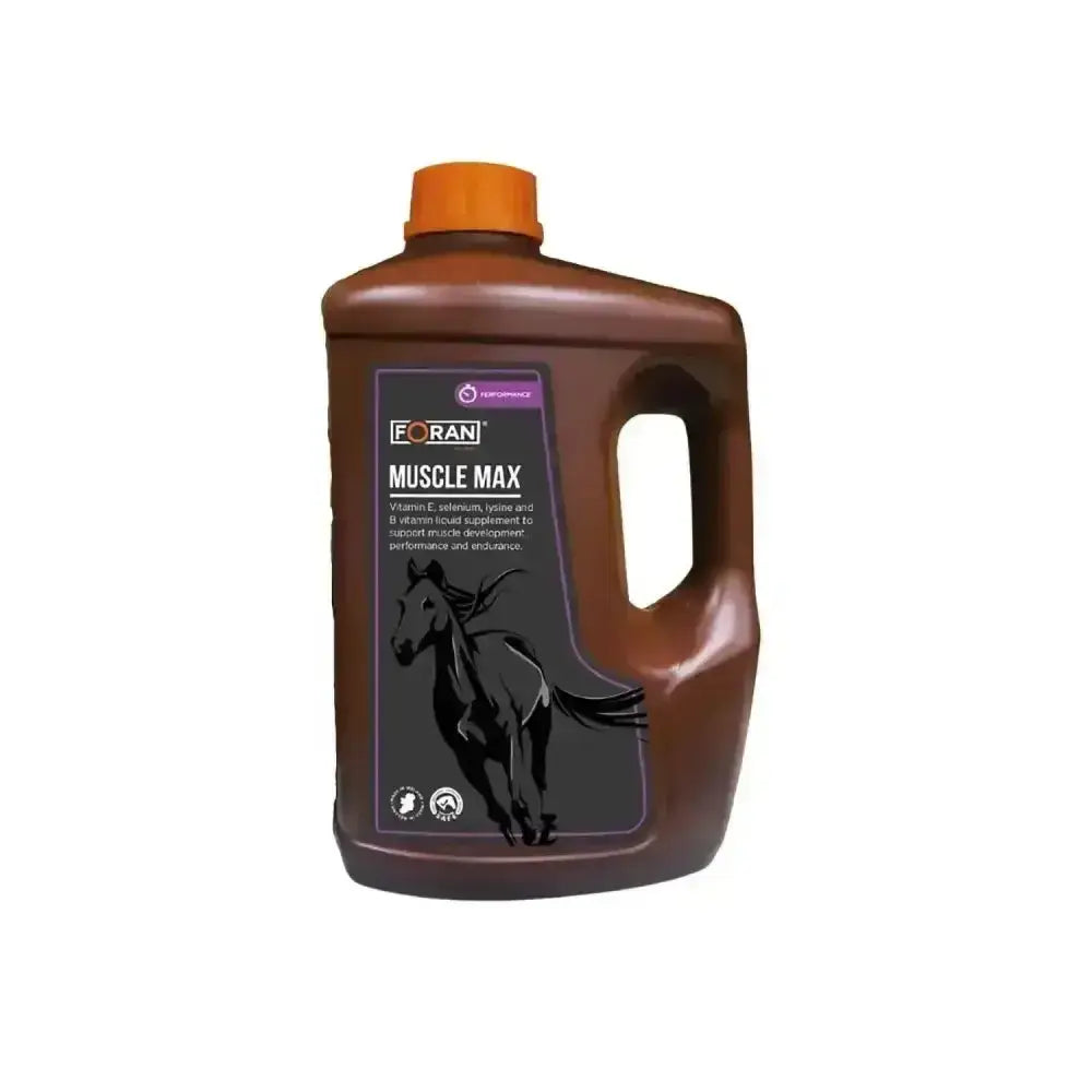 Brown plastic bottle with orange cap and black label for foran equine muscle max to maximise muscle function