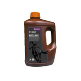 Brown plastic bottle with orange cap and black label for foran equine muscle max to maximise muscle function