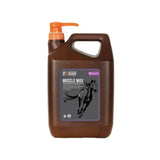 Brown plastic jug with orange pump for foran equine muscle max to maximise muscle function with black horse label