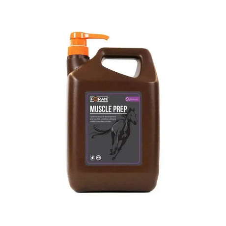 Brown plastic jug with orange pump of foran equine muscle prep featuring black horse silhouette to optimise muscle development