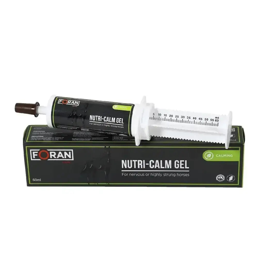 White syringe style tube of foran equine nutri-calm gel for nervous horses with concentrated performance formula
