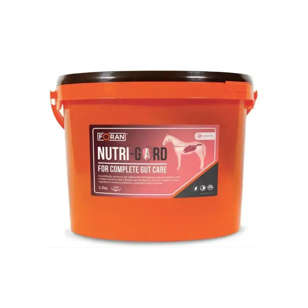 Orange plastic bucket with black lid and handles labeled foran equine nutri-gard complete gut care for horses