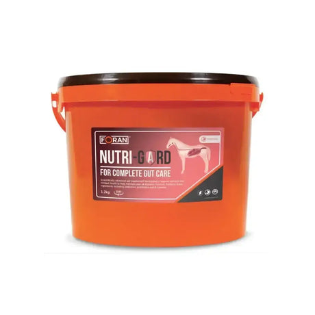 Orange plastic bucket with black lid and handles labeled foran equine nutri-gard complete gut care for horses