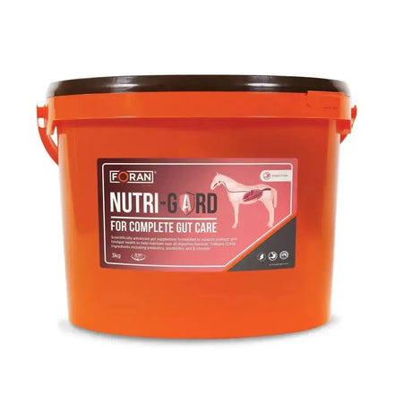 Orange plastic bucket with black lid and handle labeled foran equine nutri-gard scientifically advanced gut supplement for complete gut care