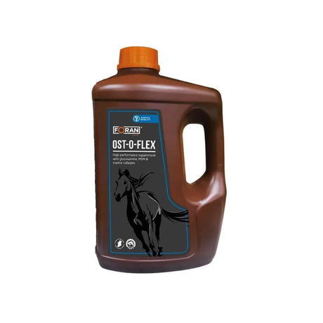Brown plastic bottle with orange cap and black-blue foran equine ost-o-flex label featuring a horse silhouette