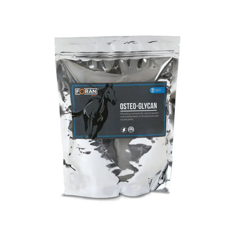 Silver foil pouch of foran equine osteo-glycan horse supplement with marine collagen and key minerals label