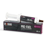 Front view of foran equine pre-fuel gel in a white and black syringe-style tube with measurement markings for rapid energy paste