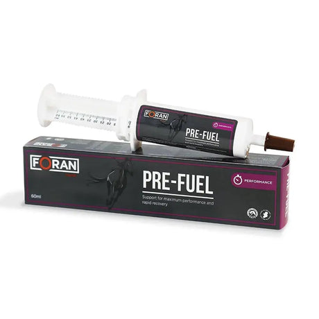 Front view of foran equine pre-fuel gel in a white and black syringe-style tube with measurement markings for rapid energy paste