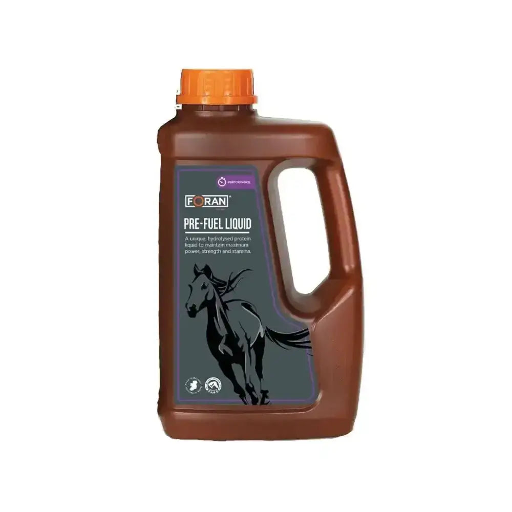 Brown plastic bottle with orange cap and black horse label of foran equine pre-fuel liquid hydrolysed plant protein