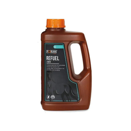 Brown plastic foran equine refuel liquid bottle with orange cap and black label for daily balanced electrolyte replenishment