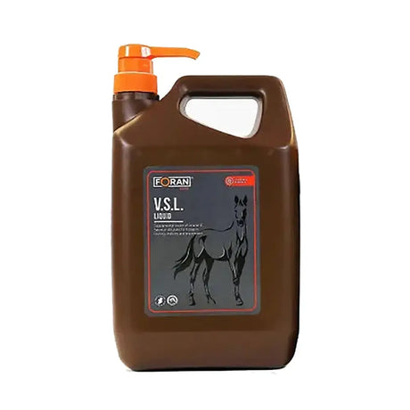 Brown plastic jug with orange pump of foran equine vsl liquid featuring horse silhouette label for equestrian use