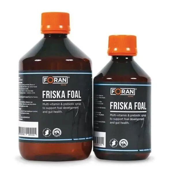 Two amber glass bottles of foran friska foal 250 ml syrup with orange caps for essential vitamins and gut health