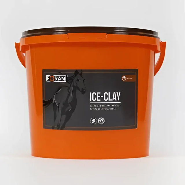 Bright orange foran ice clay 8 kg bucket with black lid and horse silhouette used for cooling leg and reduce swelling