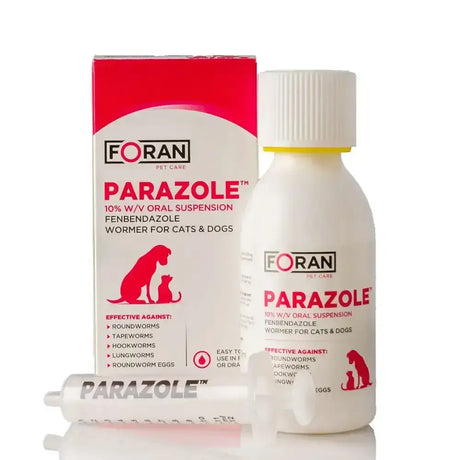 White plastic bottle of foran pet care parazole oral suspension with white ribbed cap and yellow band for cats and dogs