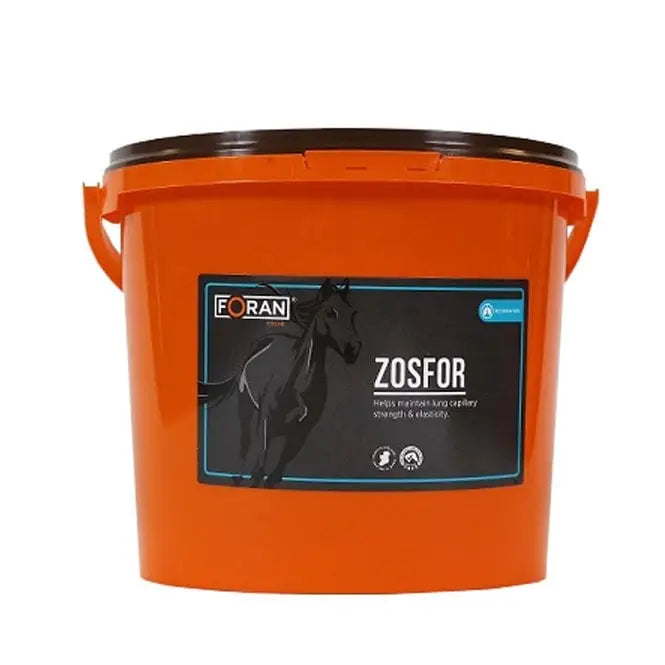 Orange plastic foran zosfor bucket with black lid and horse label for equestrian use with horses 2.5kg
