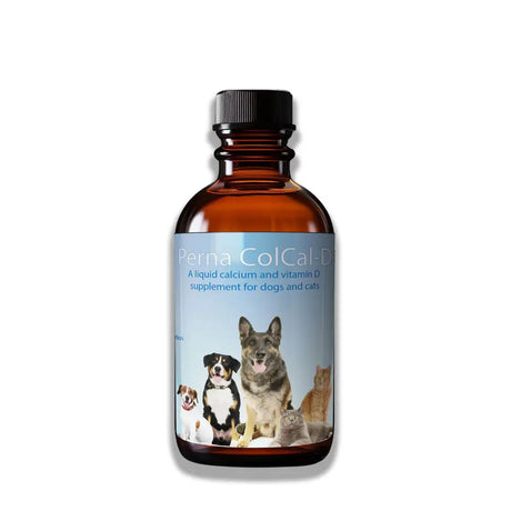 A brown glass bottle with black cap labeled perna colcal-d liquid calcium and vitamin d supplement by form nutrition perna for dogs and cats