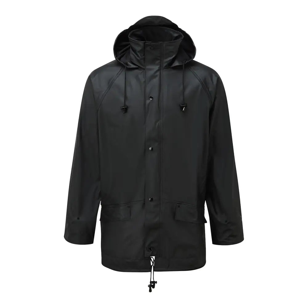Black waterproof fort airflex jacket with hood front buttons and drawstring waist for finest wet weather comfort