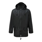 Black waterproof fort airflex jacket with hood front buttons and drawstring waist for finest wet weather comfort
