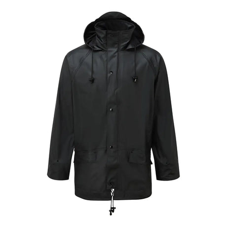 Black waterproof fort airflex jacket with hood front buttons and drawstring waist for finest wet weather comfort