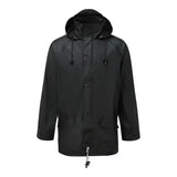 Black waterproof fort airflex jacket with hood front buttons and waist drawstring for finest wet weather comfort