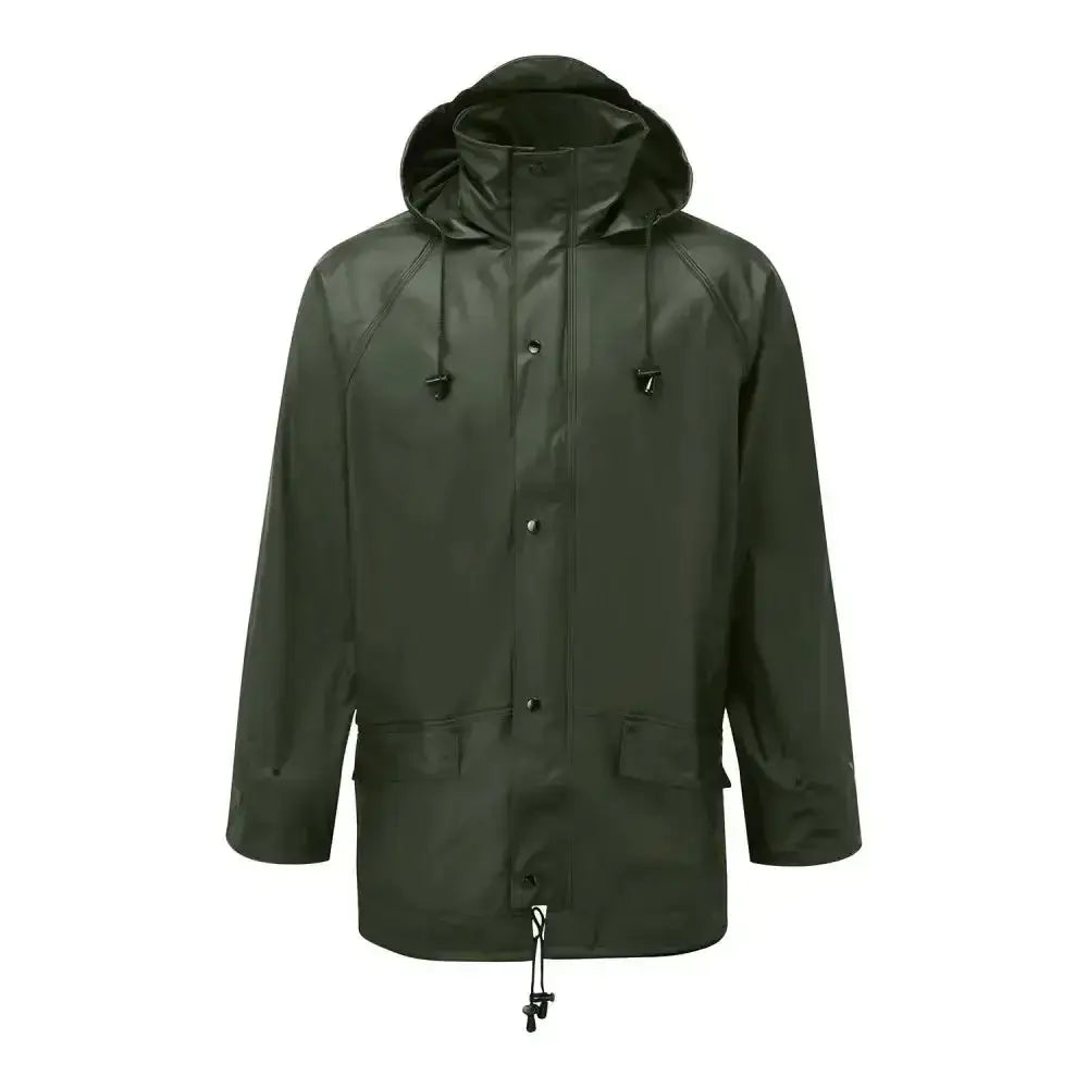 Dark olive green waterproof fort airflex jacket with hood front buttons and side pockets for finest wet weather comfort