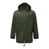 Dark olive green fort airflex jacket with waterproof hood, front buttons, and side pockets for finest wet weather comfort