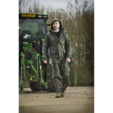 Olive green waterproof workwear rain suit fort airflex jacket offering finest wet weather comfort and durability