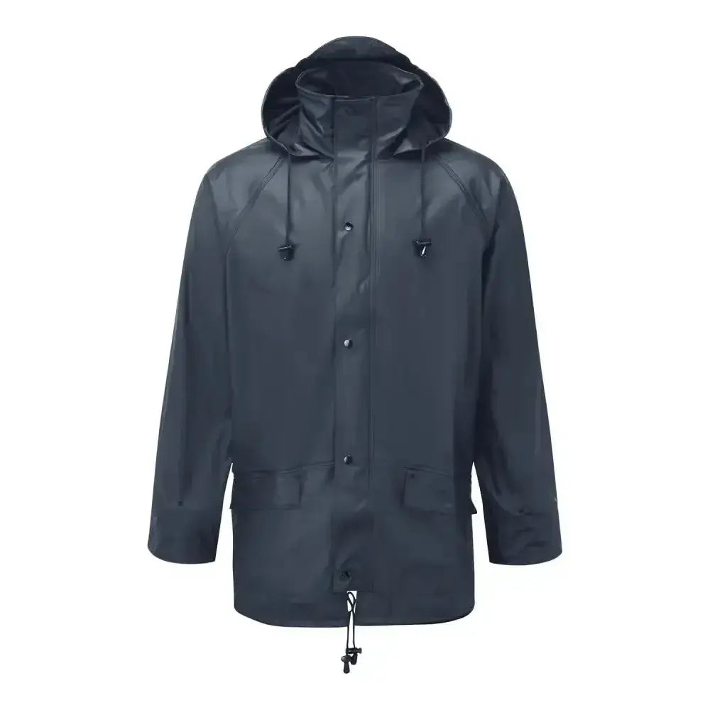 Black waterproof fort airflex jacket with hood front button closure and waist drawstring for finest wet weather comfort