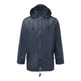 Dark gray waterproof fort airflex jacket with hood front buttons and side pockets for finest wet weather comfort