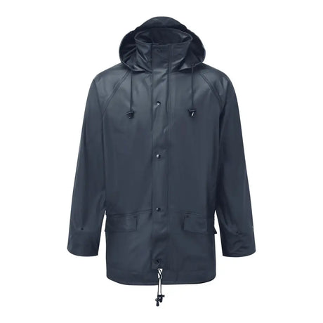 Dark gray waterproof fort airflex jacket with hood front buttons and side pockets for finest wet weather comfort