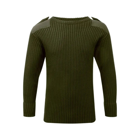 Olive green ribbed knit fort crew neck combat jumper with dark gray shoulder panels for a stylish look