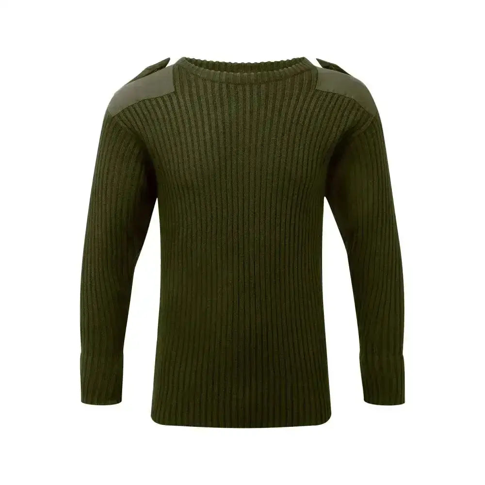 Olive green ribbed knit fort crew neck combat jumper with dark gray shoulder panels in combat jumper green style