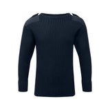 Dark navy ribbed knit fort crew neck combat jumper with black shoulder panels for a stylish look
