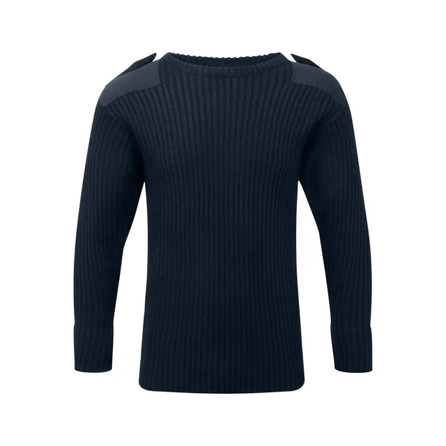 Dark navy ribbed knit fort crew neck combat jumper with black shoulder panels for a stylish look