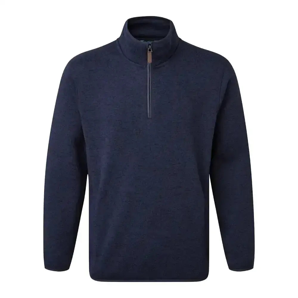 Navy blue fort easton pullover with hardwearing knitted marl texture and contrasting brown zipper pull