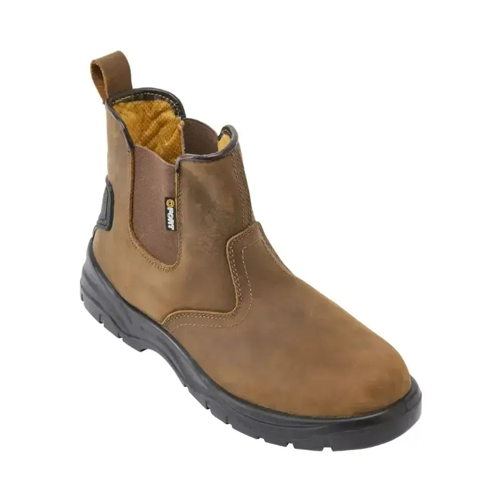 Brown suede fort regent safety boot with black rubber sole and tan fleece lining for durable comfort