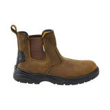 Brown suede fort regent safety boot with black rubber sole and reinforced stitching for tough wear