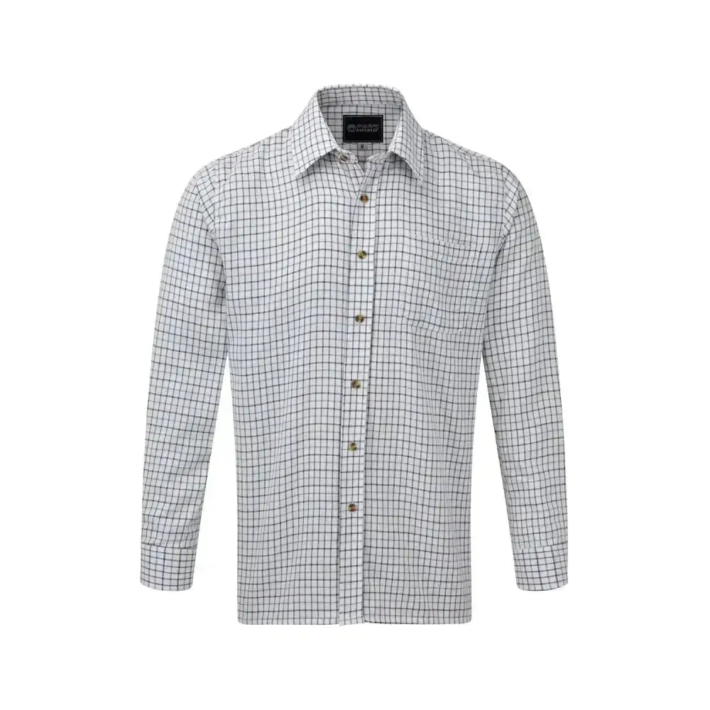 A crisp white and black checkered fort tattersall shirt blue long-sleeve brushed flannel shirt with classic collar