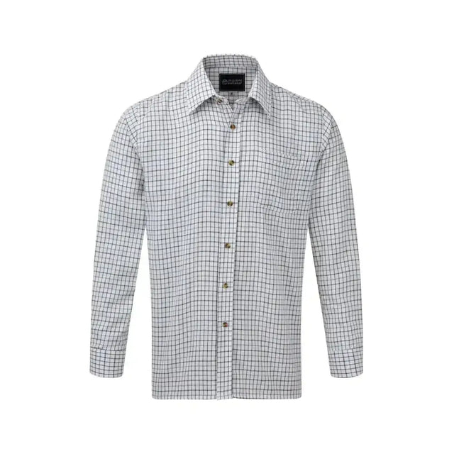 A crisp white and black checkered fort tattersall shirt blue long-sleeve brushed flannel shirt with classic collar
