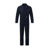 Black long-sleeved coverall with collar and button closure in finest overalls designed for coverall navy blue use