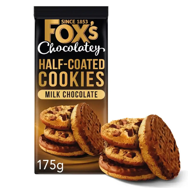 A pack of foxs half coated choc cookies with golden brown cookies partially coated in milk chocolate in black and gold wrapper