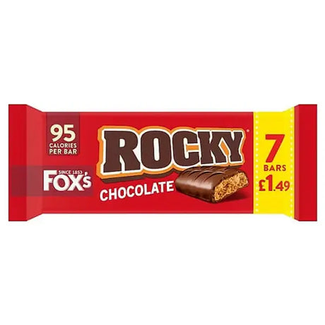 Foxys rocky chocolate biscuits with red and yellow wrapper and brown chocolate coating over nougat center
