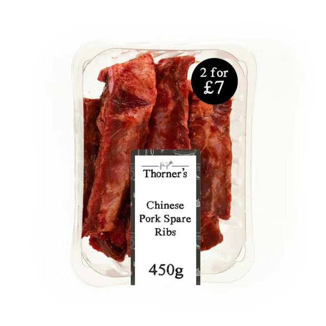 Clear plastic container holding 450g of thorne’s free range chinese pork ribs with high-quality meat inside