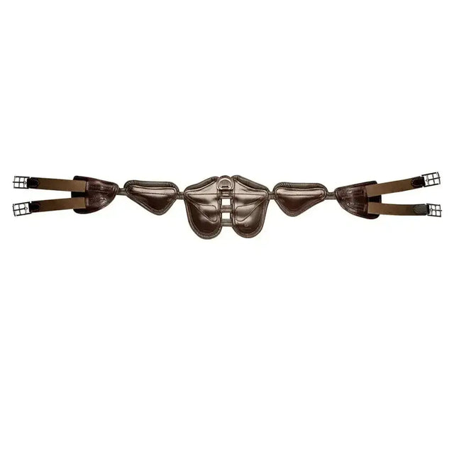 Brown leather freedom jumping girth with padded sections and metal buckles providing independent support